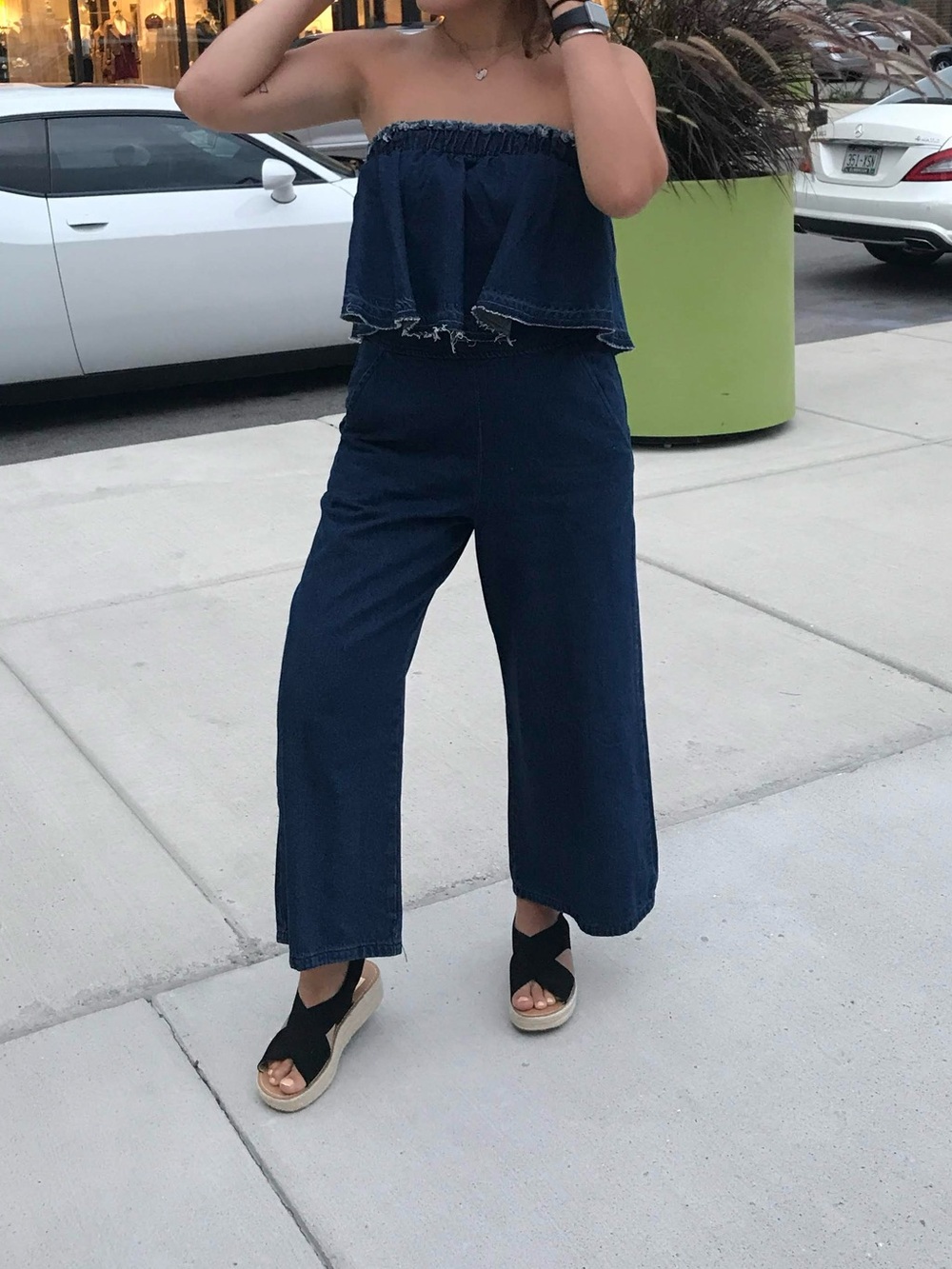 J.O.A. Flounce Denim Jumpsuit